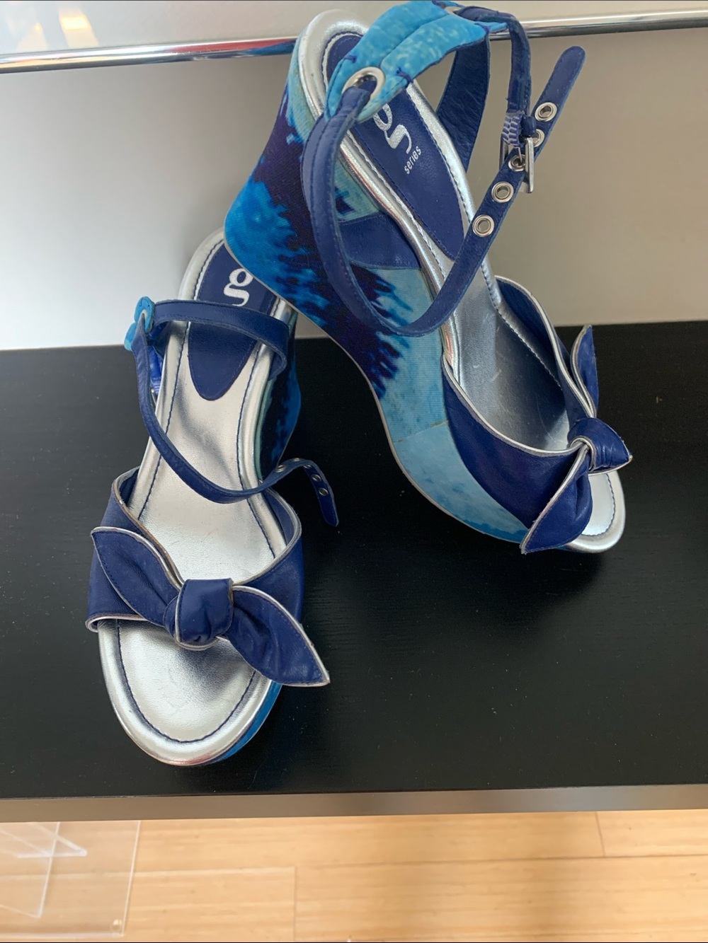 Women's Navy Blue Bow Wedge Sandals with Ankle Strap